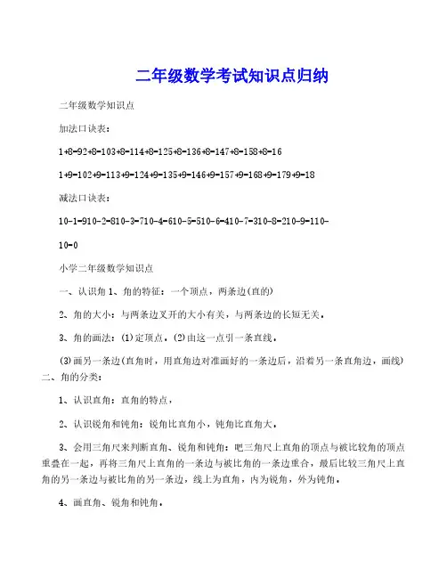 二年级数学考试知识点归纳