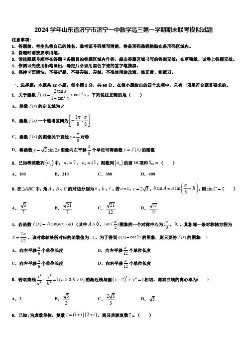 2024学年山东省济宁市济宁一中数学高三第一学期期末联考模拟试题含解析