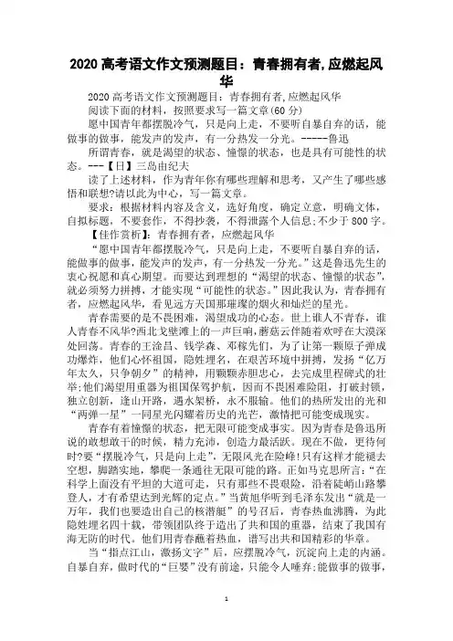 2020高考语文作文预测题目：青春拥有者,应燃起风华范例精选