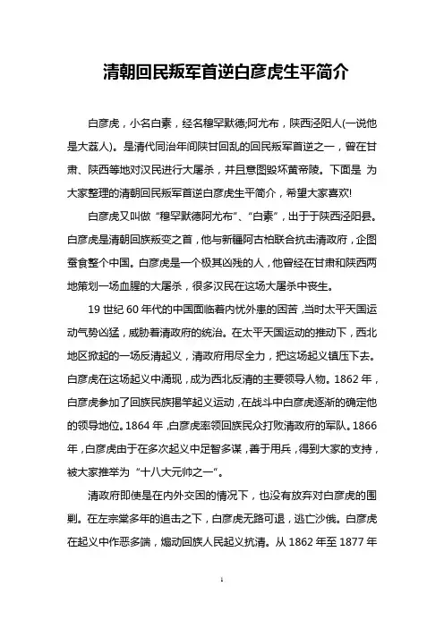 清朝回民叛军首逆白彦虎生平简介