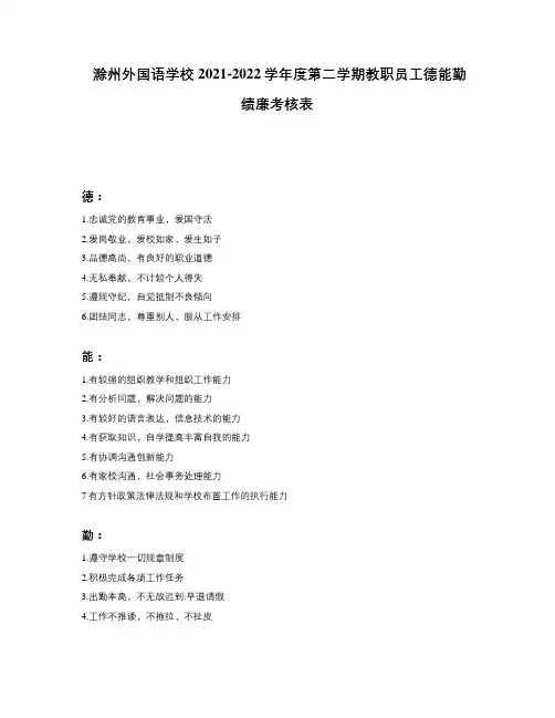 滁州外国语学校2021-2022学年度第二学期教职员工德能勤绩廉考核表