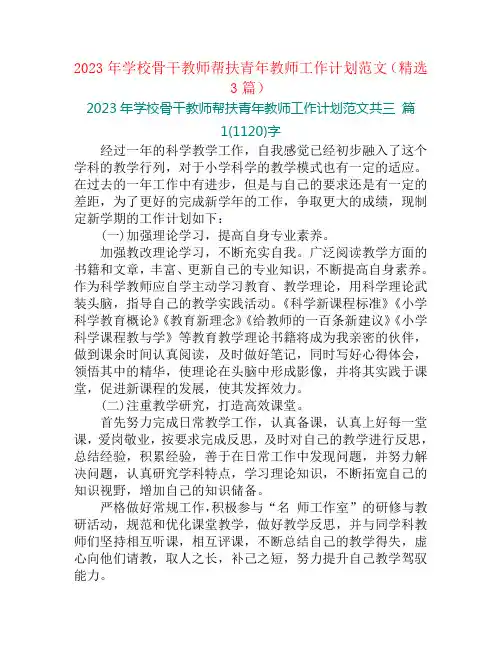 2023年学校骨干教师帮扶青年教师工作计划范文(精选3篇)