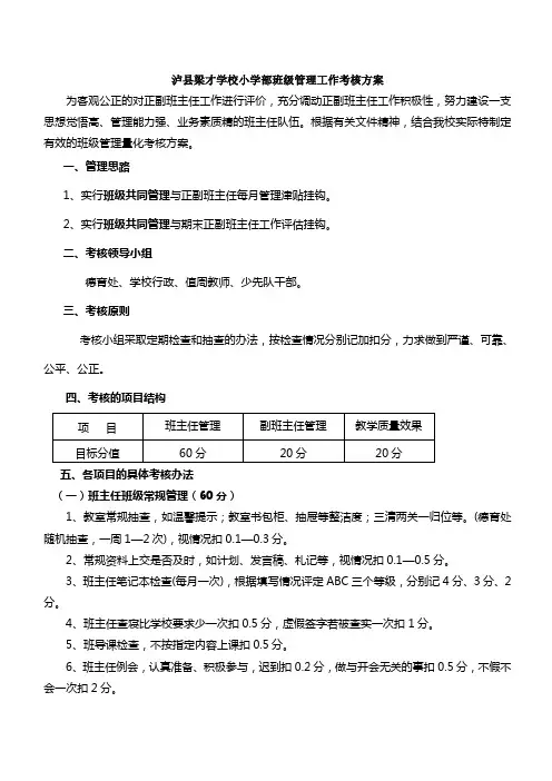 泸县梁才学校小学部班级管理工作考核方案