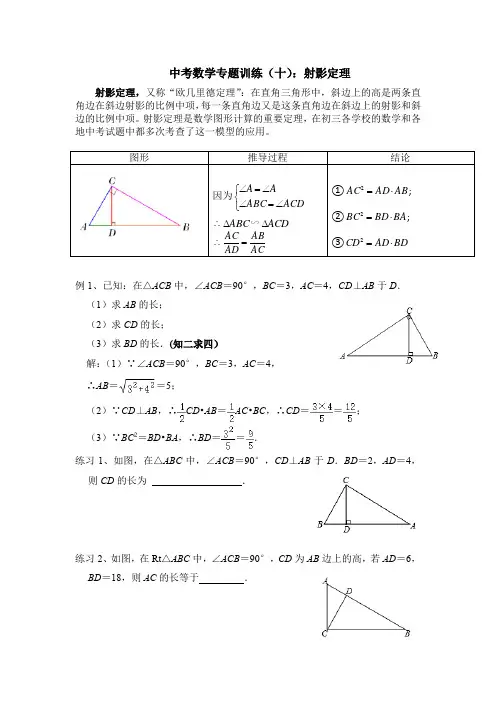 中考数学专题训练：射影定理