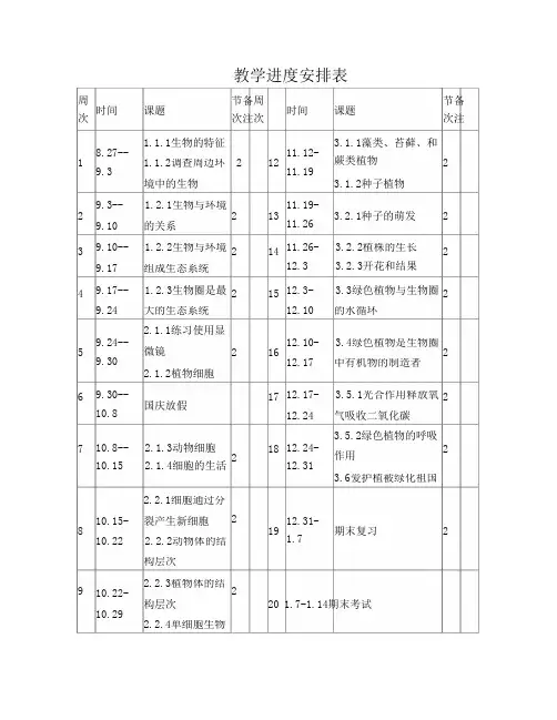七年级上册生物教学进度安排表
