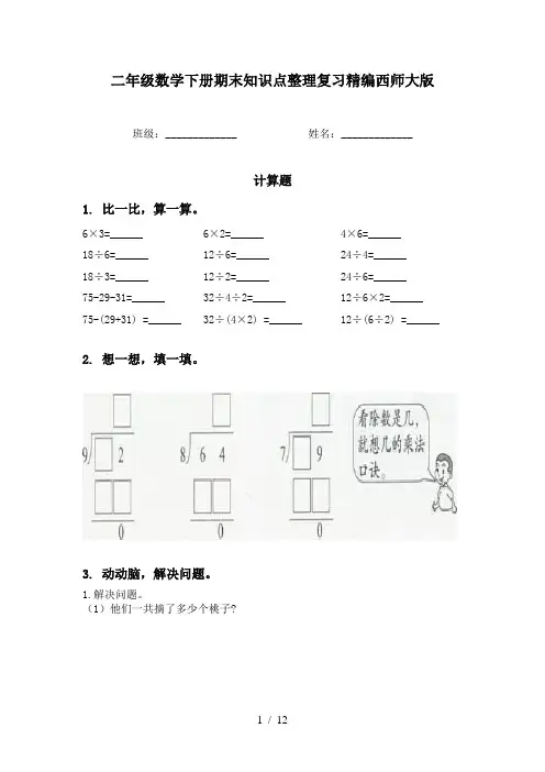 二年级数学下册期末知识点整理复习精编西师大版