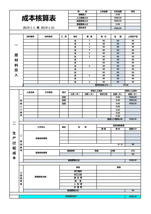 成本核算表格