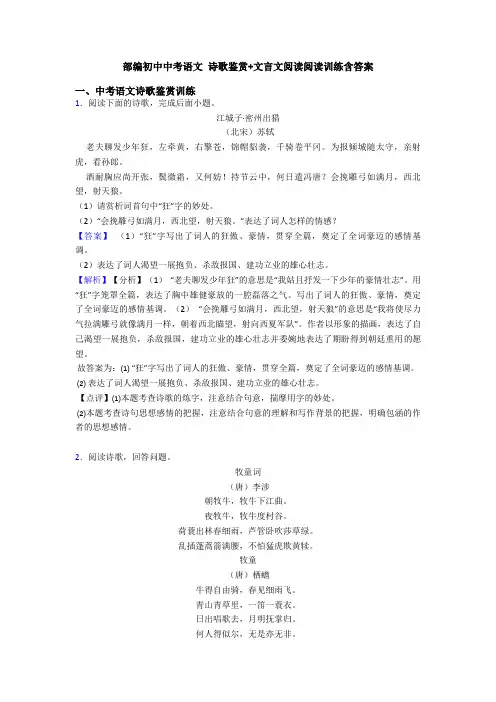 部编初中中考语文 诗歌鉴赏+文言文阅读阅读训练含答案