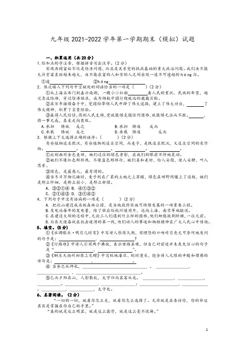 山东省东营市广饶县2021-2022学年九年级上学期期末模拟语文试题
