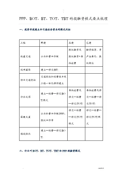 PPP、BOT、BT、TOT、TBT的投融资模式要点梳理