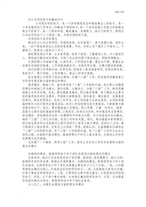 对公司领导班子的整体评价