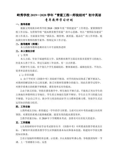 “青蓝工程”指导青年教师工作计划