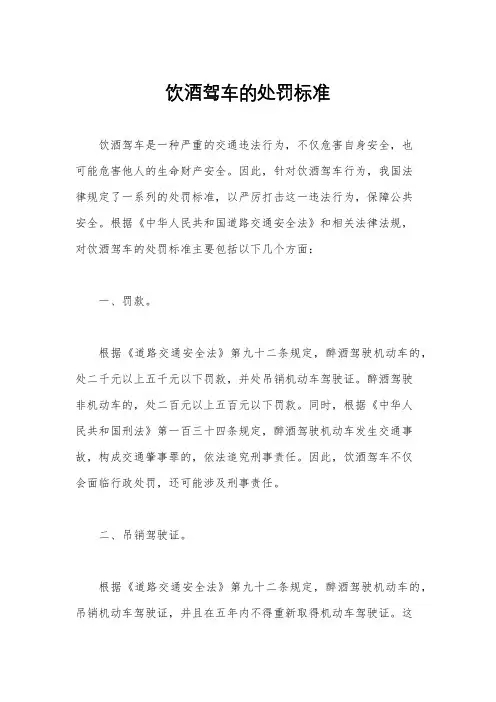 饮酒驾车的处罚标准