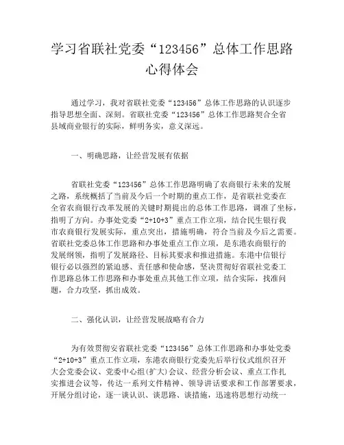 学习省联社党委“123456”总体工作思路心得体会
