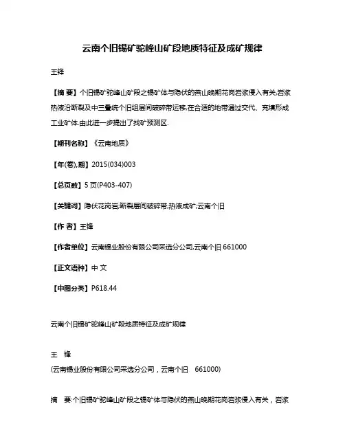 云南个旧锡矿驼峰山矿段地质特征及成矿规律