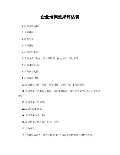 企业培训效果评估表