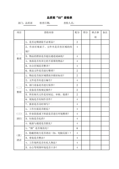 品质部5S查检表