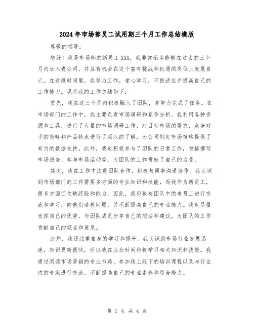 2024年市场部员工试用期三个月工作总结模版(2篇)