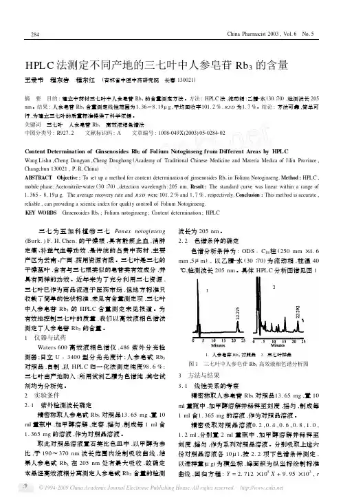 HPLC法测定不同产地的三七叶中人参皂苷Rb_3的含量