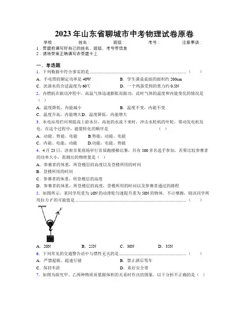 2023年山东省聊城市中考物理试卷原卷及解析