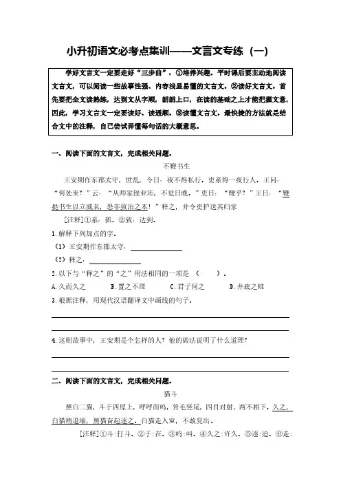 部编版小升初语文必考点集训——文言文专练(含参考译文及答案)