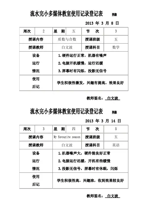 远教室设备使用情况登记表