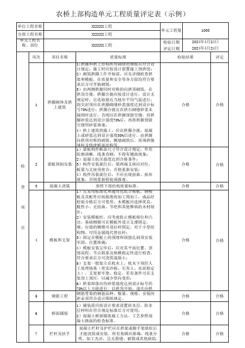 农桥上部构造单元工程质量评定表(示例)