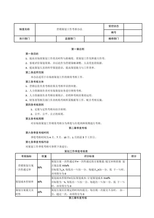 营销策划工作考核办法标准版