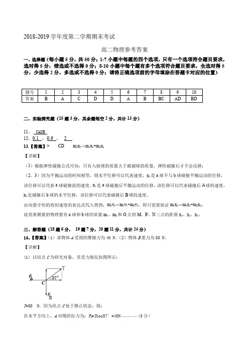 2019年春季学期高高二物理期末考试答案
