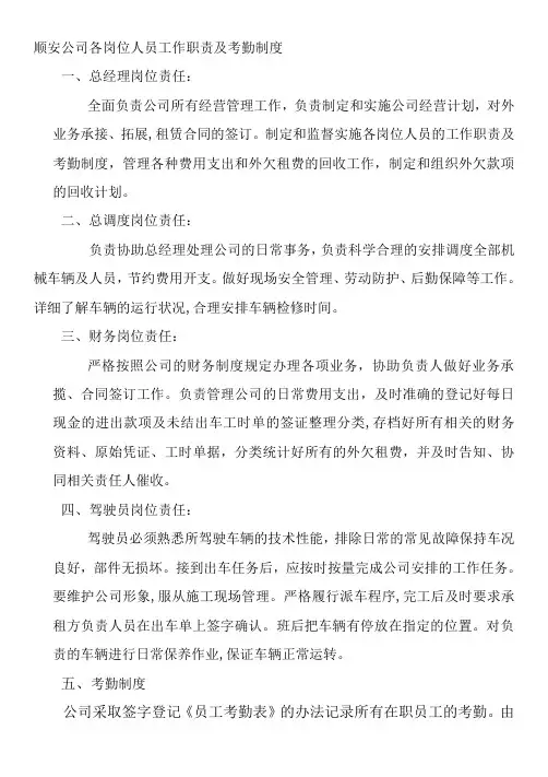 公司各岗位工作职责及管理制度