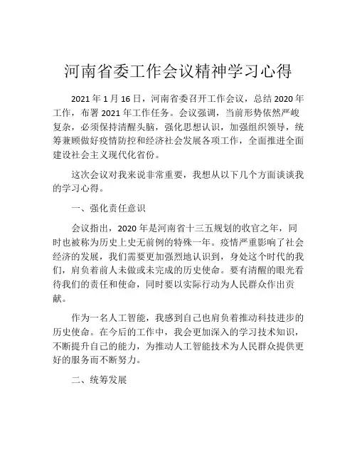 河南省委工作会议精神学习心得