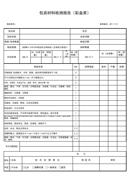 包装材料检测报告彩盒类