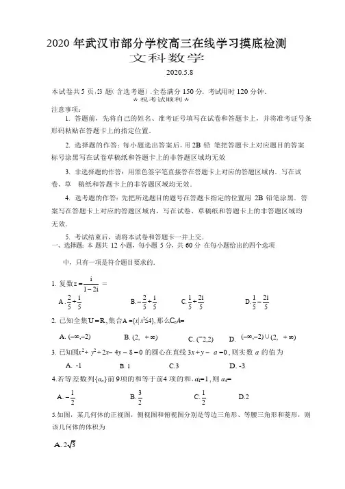 湖北省武汉市部分学校2020届高三5月摸底检测文科数学试题(含答案)