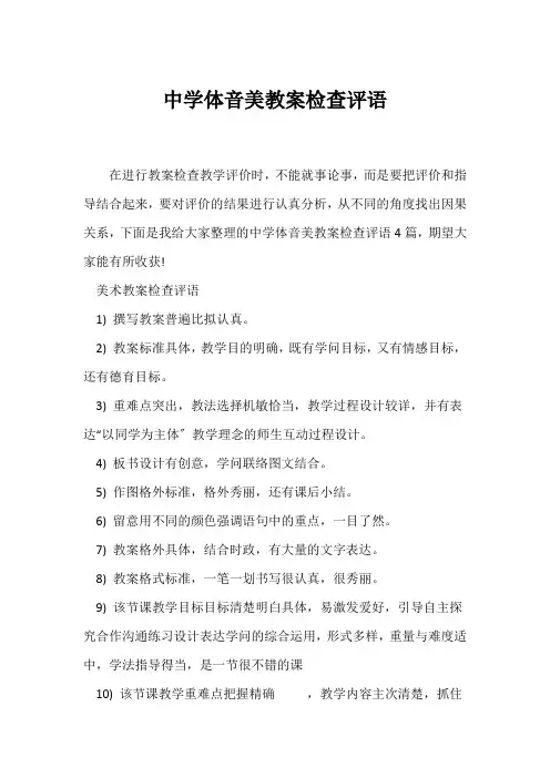 (教师评语)中学体音美教案检查评语