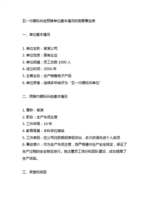 五一巾帼标兵岗预推单位基本情况和简要事迹表
