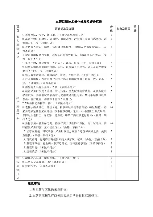 血糖监测技术操作规程及评分标准