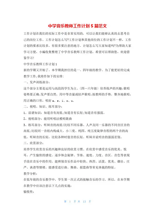 中学音乐教师工作计划5篇范文的