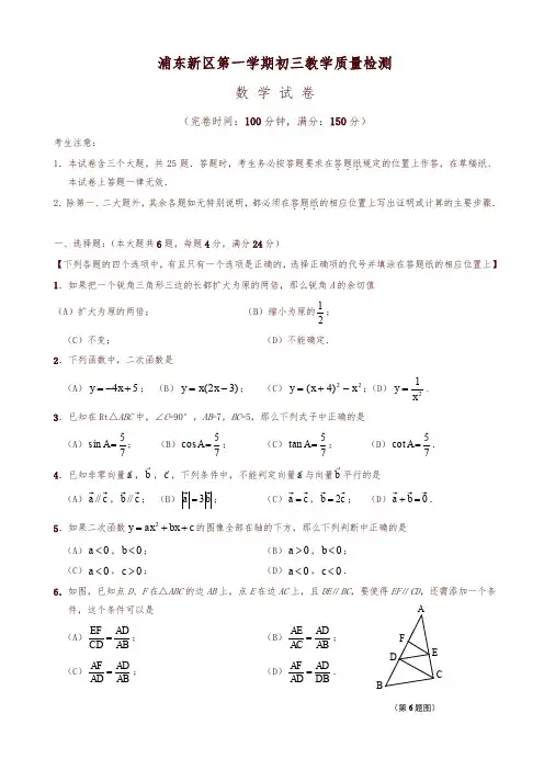 2019-2020年上海浦东新区初三上册期末数学试题有答案(一模)-(沪科版)