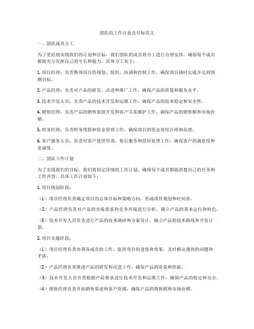 团队的工作计划及目标范文
