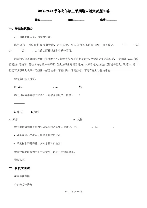 2019-2020学年七年级上学期期末语文试题B卷(测试)