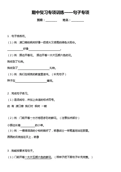 期中复习句子专项训练句子专项(专项训练)语文二年级下册