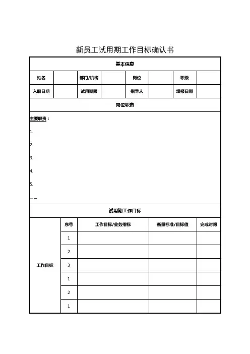 新员工试用期工作目标确认书(模板)