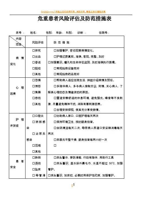 (ICU)危重患者风险评估及防范措施表