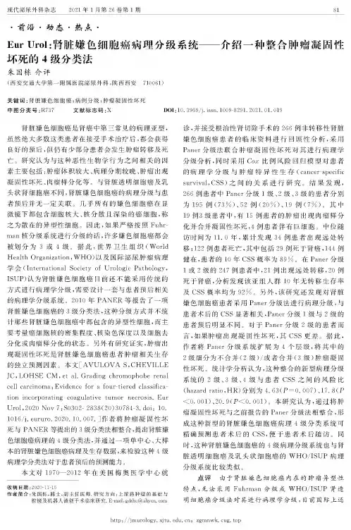 Eur Urol肾脏嫌色细胞癌病理分级系统——介绍一种整合肿瘤凝固性坏死的4级分类法