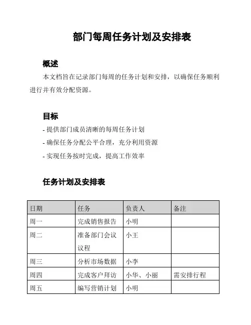 部门每周任务计划及安排表