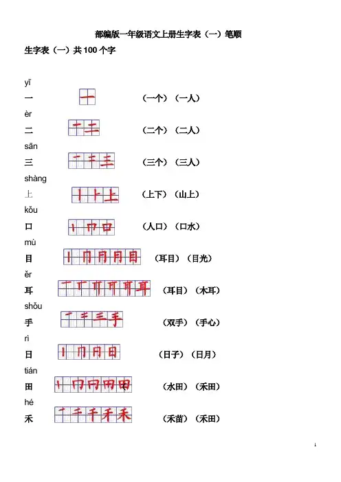 部编版一年级语文上册生字表笔顺表(100)最后