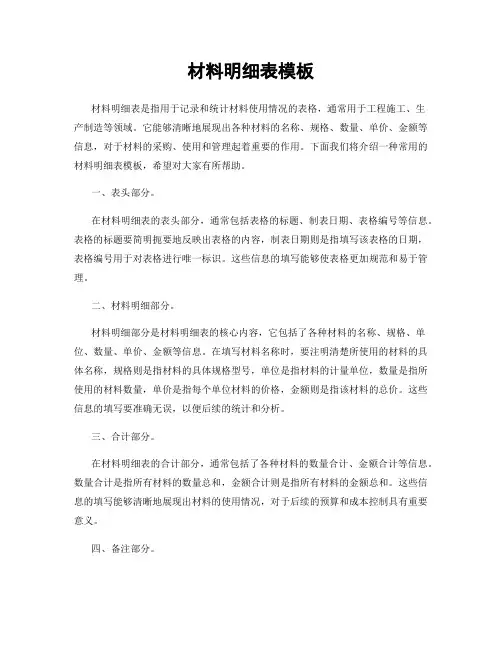 材料明细表模板