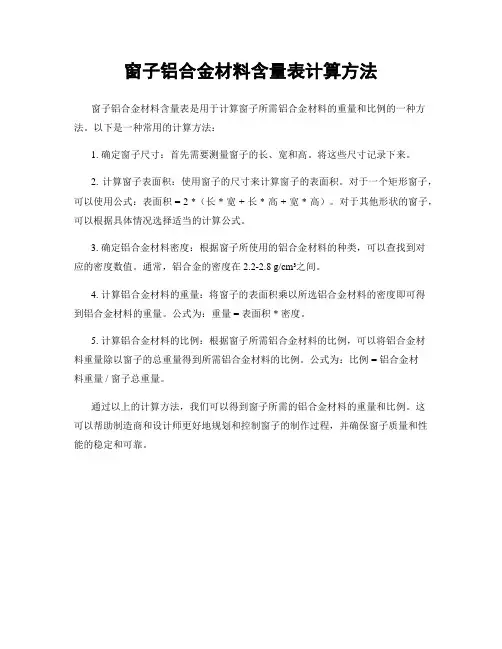 窗子铝合金材料含量表计算方法