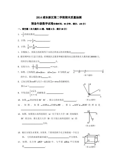 浦东新区第二学期六年级数学期末考试试卷