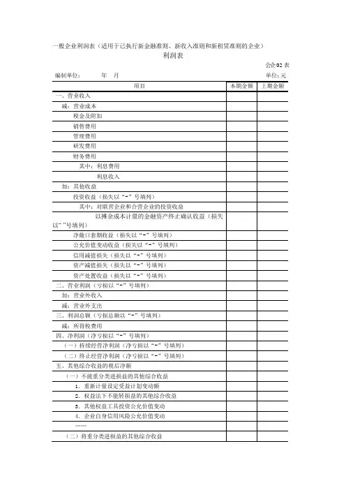 财务报表-利润表及填报说明(适用于已执行新金融准则或新收入准则的企业)2023